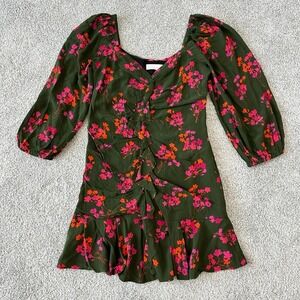 Caballero Elena Dress in Neon Garden Green Pink Floral Size Small‎ Mini Ruched